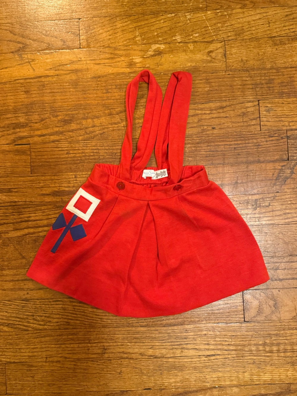 Vintage Red Girls Suspender Skirt with Geometric Patch